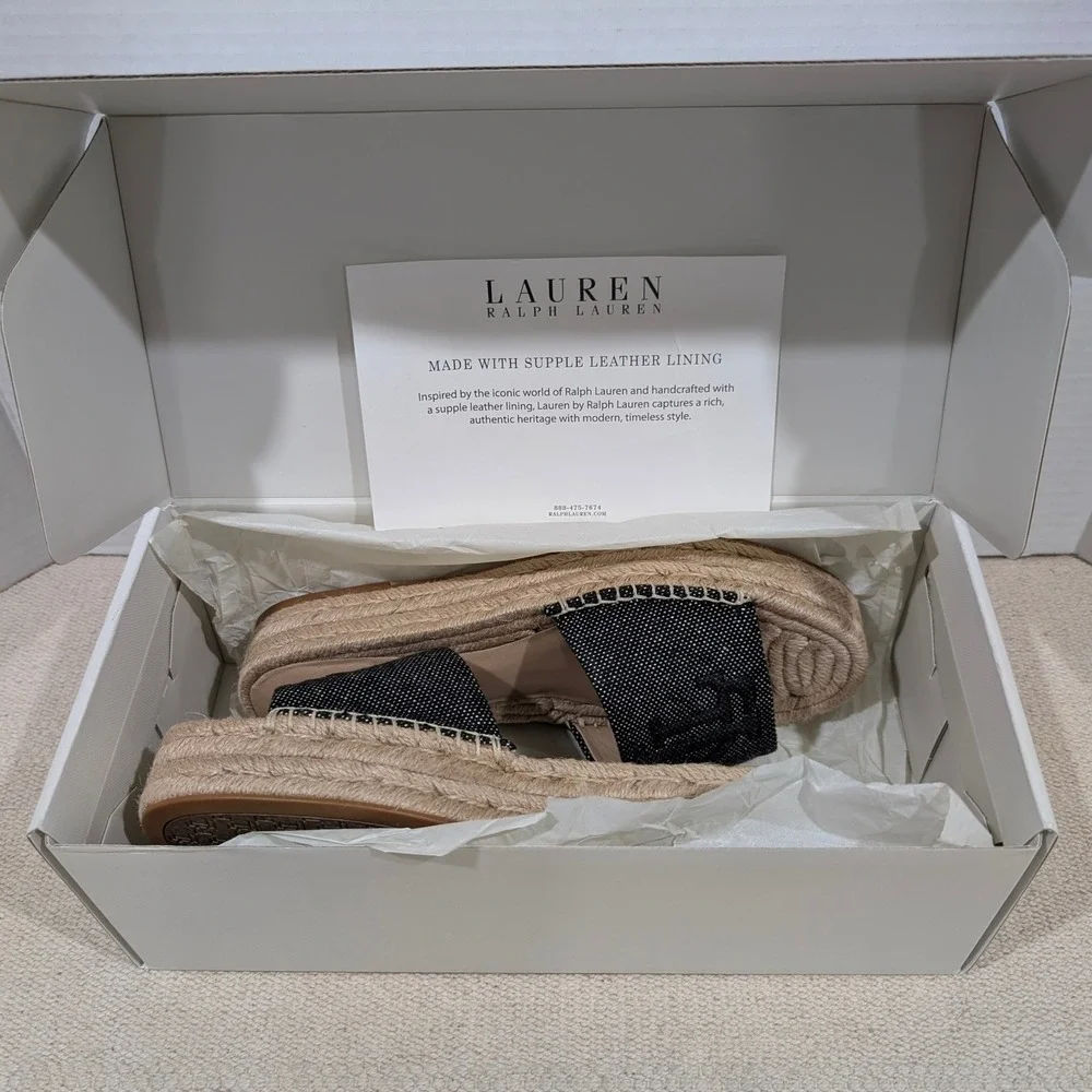 Lauren Ralph Lauren Polly Logo 2 Espadrille Slide Sandals‎ Natural Black 7B NIB